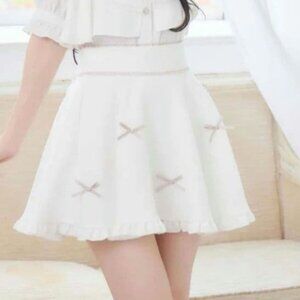 Rojita White Ruffle Trim Flare A Line Mini Skirt with Pink Bows